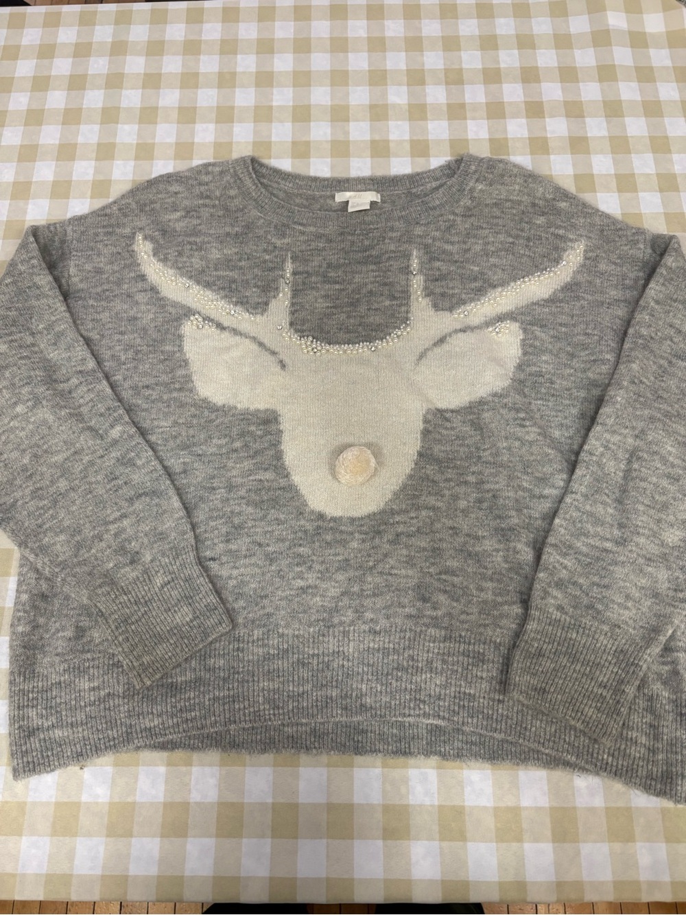 H&M Grey Crewneck Sweater with Cream Reindeer Motif